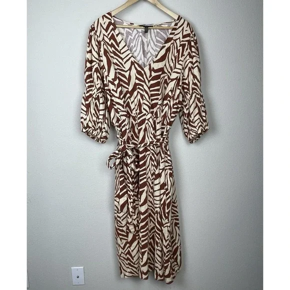 Eloquii Plus Size 20 Animal Print Linen Blend Belted Boho Coastal Dress - Picture 1 of 8